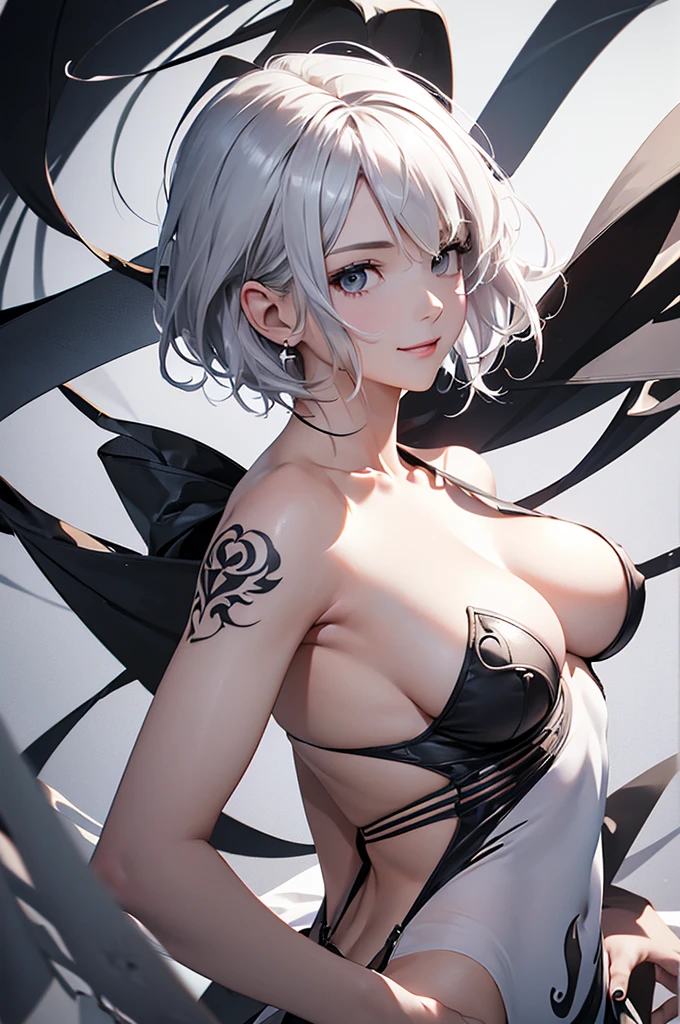 Avant-garde art(Image from chest up:1.4)((masterpiece:1.5,Highest quality,Beautiful images、Realistic、3d、Artistic))(1girl, 独奏)(medium breasts, Silver Hair、short hair、Beautiful cleavage、sideboob、Exposing shoulders、Tattoo on shoulder)(Profile portrait,Gaze sideways、Gaze diagonally、Shake your head、Smile, floating hair)(Monotone Abstract Background)((from backside:1.3))((Monotone costumes))