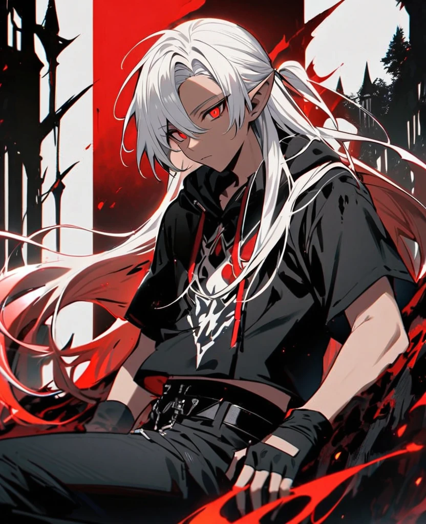 Male,5'4,pierced pointy ears,light skin,red eyes, white ombre long hair half up half down,black albow length fingerless gloves,ripped red short sleeve cropped hoodie,black tight shirt,ripped black jeans,sitting on his thrown with darkness in his eyes