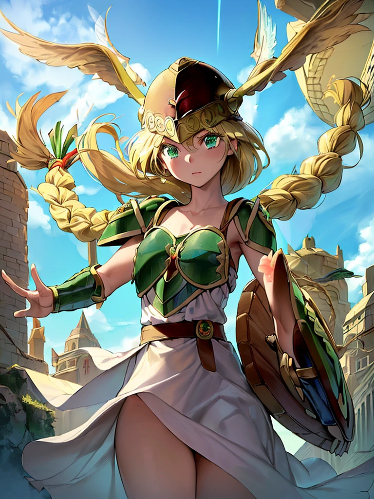 masterpiece,best quality, 1girl, 18yo, beautiful girl,BREAK,(Armor:1.8),(Helmet with wings:1.7),(Beautiful blonde,braid,Green Eyes:1.5),(blue sky:1.4),(She flies in the sky:1.5),(She descends from the sky:1.3),