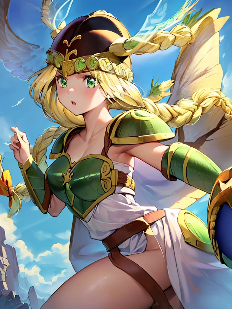 masterpiece,best quality, 1girl, 18yo, beautiful girl,BREAK,(Armor:1.8),(Helmet with wings:1.7),(Beautiful blonde,braid,Green Eyes:1.5),(blue sky:1.4),(She flies in the sky:1.5),(She descends from the sky:1.3),