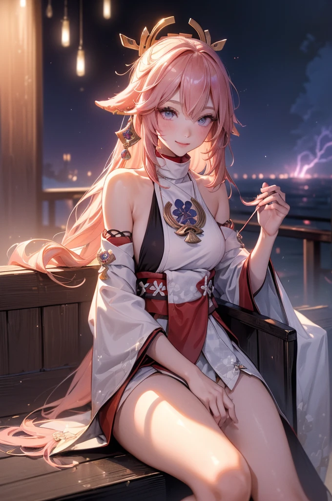 ((yaemikodef)):1.5, ((masterpiece,Highest quality,Highly detailed images,Beautiful images)), (Image of yaemiko smiling in front of lightning、Overall dim lighting、Backlight、Fantastic dark atmosphere、Thick Fog、Dust flutters),(yaemiko is sitting.)1.2, sideboob