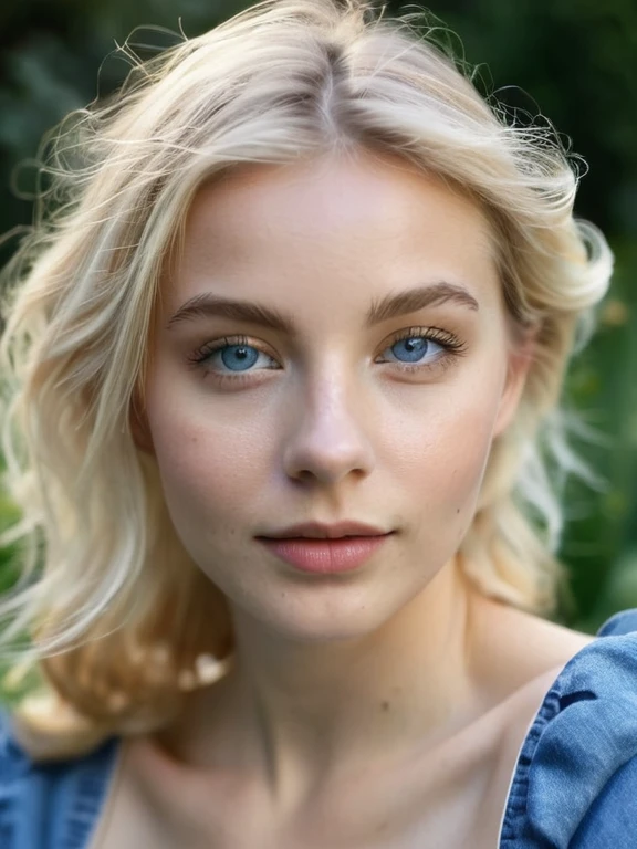 Un superbe portrait d’une jeune beauté scandinave, aux yeux bleus perçants, petits seins et longs cheveux blonds flottants, ne rien porter sous une salopette en jean, debout dans un jardin, la lumière naturelle met en valeur les traits du visage, les ombres douces sur les contours du visage, le contraste vibrant entre les tons chair chauds et les teintes froides de l'arrière-plan, la composition ultra légère, le nombre d'or, L'éclairage dramatique.