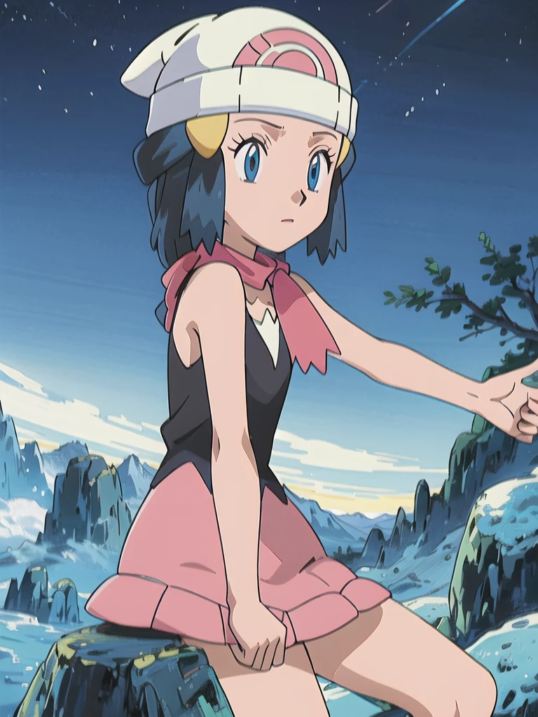 masterpiece, best quality, highres, 1girl, solo, dawn (pokemon), pink scarf, black shirt, pink skirt, hat, outdoors, bare shoulders, 