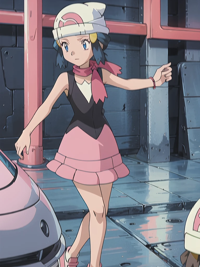masterpiece, best quality, highres, 1girl, solo, dawn (pokemon), pink scarf, black shirt, pink skirt, hat, outdoors, bare shoulders, 