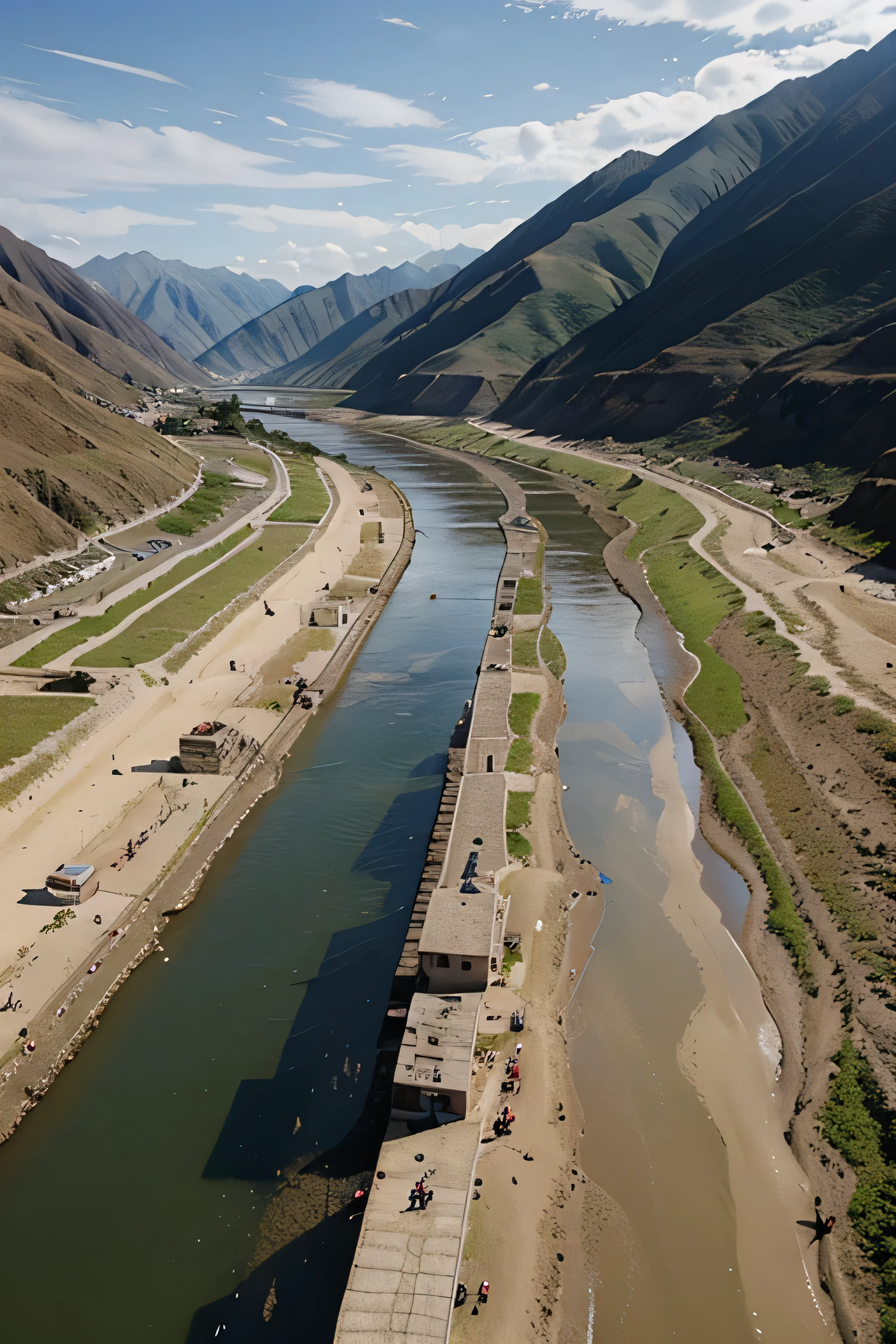 Show me the photo of a river defense in Peru under construction full h 8k