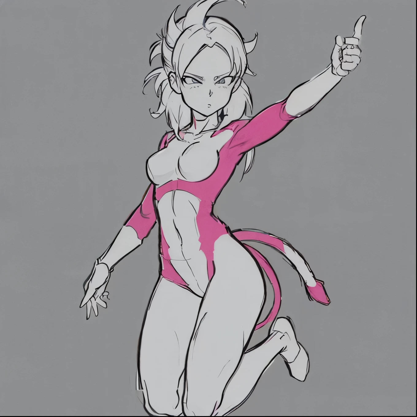 Female, ((Sketch Anime Pose)), Sketch base, base, one leg up, jumping, one hand up, holding ball of energy, super saiyan 4, tail, blank background
