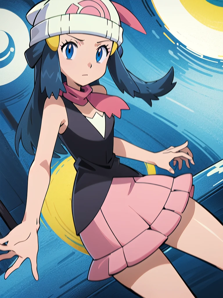 masterpiece, best quality, highres, 1girl, solo, dawn (pokemon), pink scarf, black shirt, pink skirt, hat, outdoors, bare shoulders,