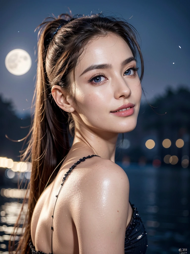 beauty, body portrait, 8K, thin and beautiful eyes, Dindal effect, masterpiece, top quality, high quality, high resolution, very detailed photo, (natural skin texture, fine skin, hyperrealism, super sharpness) , high detail skin, (very fine, fine skin texture, intricate details, ponytail, beautiful face, (real-like face), realistic eyes, beautifully detailed eyes, realistic skin, beautiful skin, hyper reality target, highly detailed, golden ratio, smiling eyes, ((night moonlight background) )), body portrait, G cup, huge large breasts, huge large round ass, huge large bubble butt, glamorous,