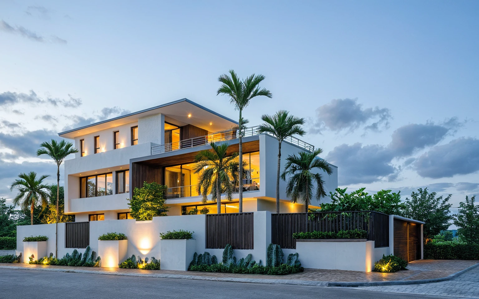Masterpiece, high quality, best quality, authentic, super detail, outdoors, aiaigroup, house style modern , white wall , pavement, grass, trees, dusk sky, cloud, (daylight:1.1)
