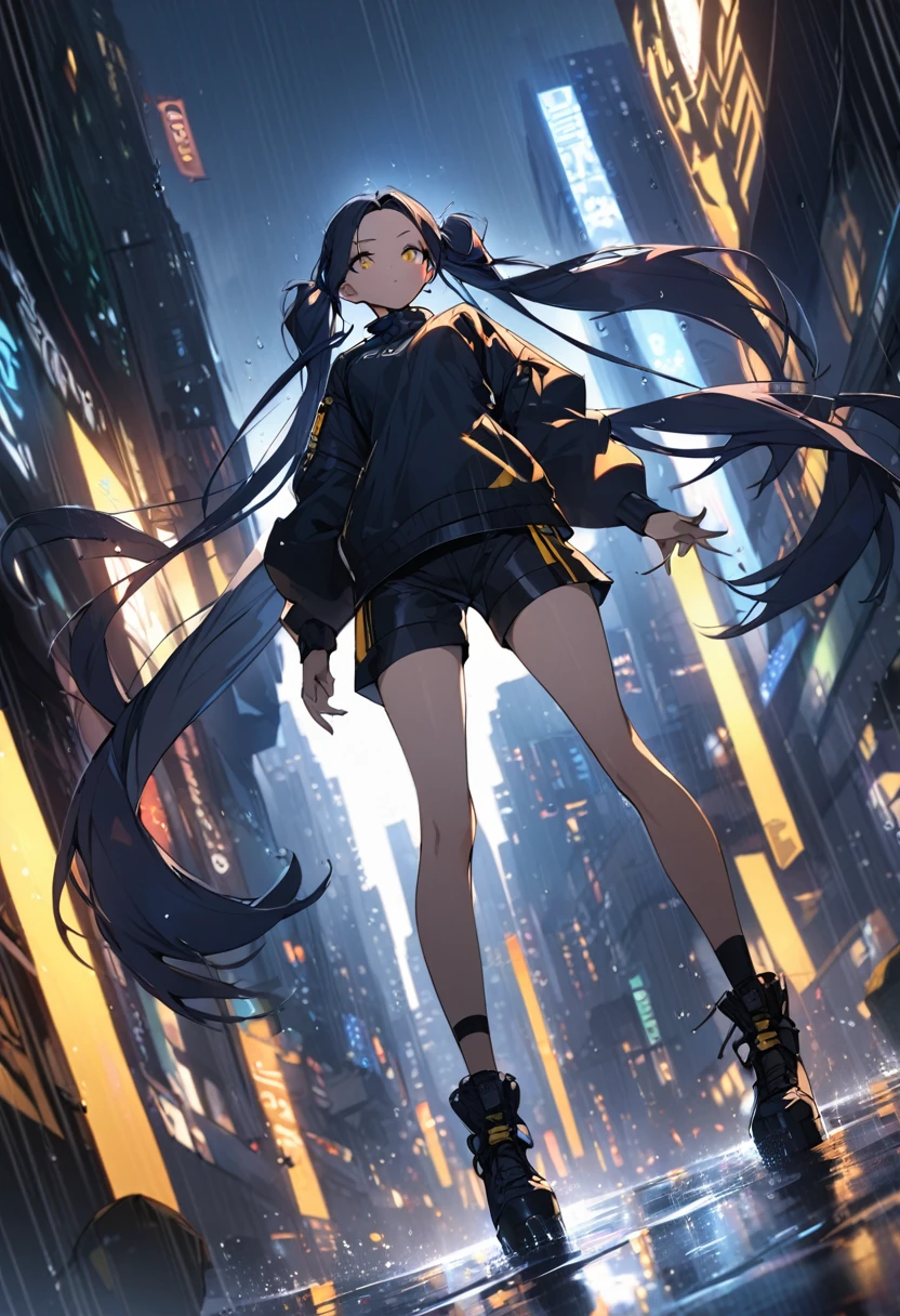 (One person,Very tall woman,Dark navy blue hair,Her hairstyle is twin tails that expose her forehead.,Medium chest,yellow eyes,Black Techwear,Shorts,Dynamic Angle,The background is a rainy city)