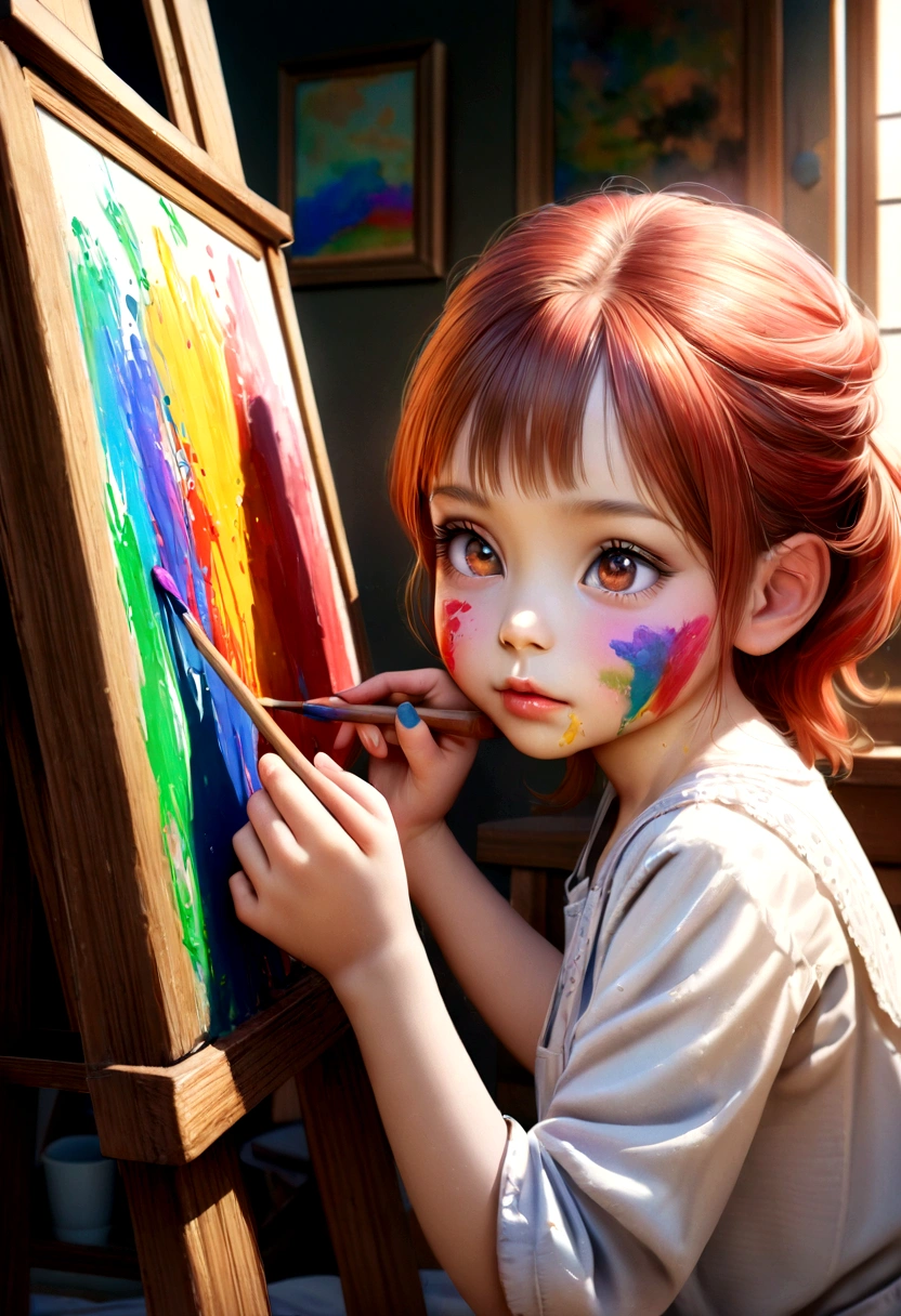 a cute 8 girl, redhead, brown eyes, painter, paint covered, painting in her room, detailed eyes, detailed lips, long eyelashes, holding a paintbrush, detailed facial features, photorealistic, realistic, masterpiece, ultra-detailed, 8k, vibrant colors, warm lighting, cozy room interior, wooden furniture, easel, colorful paints, brushes, palette, focused on her painting, concentrating expression
