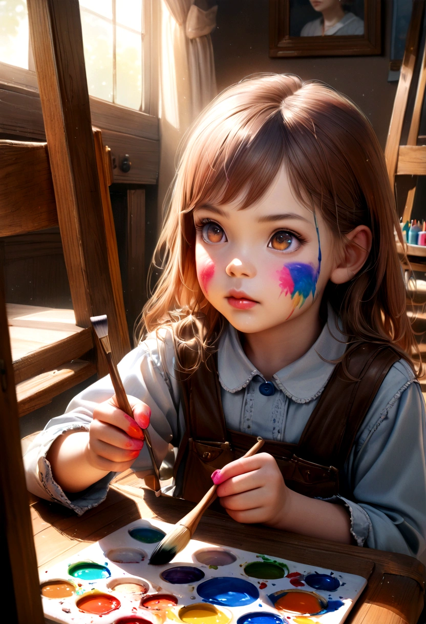 a cute 8 girl, redhead, brown eyes, painter, paint covered, painting in her room, detailed eyes, detailed lips, long eyelashes, holding a paintbrush, detailed facial features, photorealistic, realistic, masterpiece, ultra-detailed, 8k, vibrant colors, warm lighting, cozy room interior, wooden furniture, easel, colorful paints, brushes, palette, focused on her painting, concentrating expression