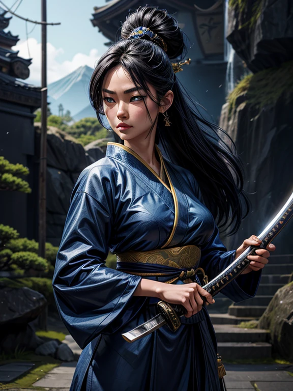 A blue and gold Japanese fantasy woman, with Ultra HD, Super Detail, best quality, 8K holding a katana in one hand, she has black samurai hair.