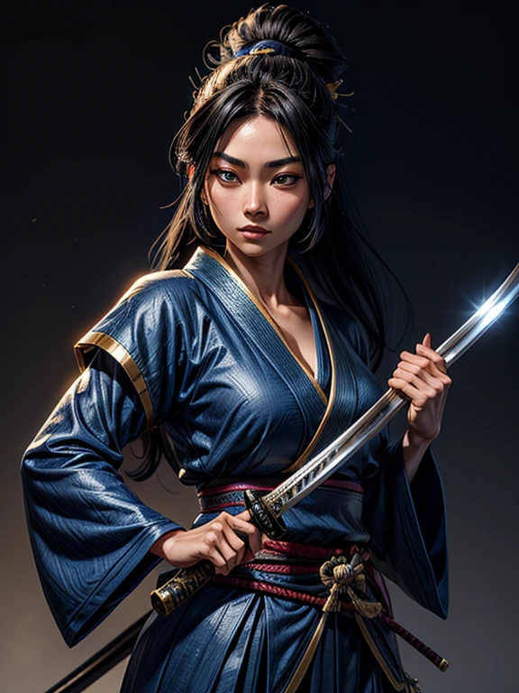 A blue and gold Japanese fantasy woman, with Ultra HD, Super Detail, best quality, 8K holding a katana in one hand, she has black samurai hair.
