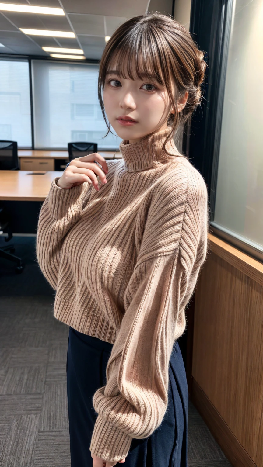 highest quality,Very detailed,finely,High resolution,8k wallpaper,Perfect dynamic composition,20 yo, Office Lady,whole body,Are standing,Pink knitwear,turtleneck,Shedding bangs,updo,finel beautiful eyes,Natural Lip