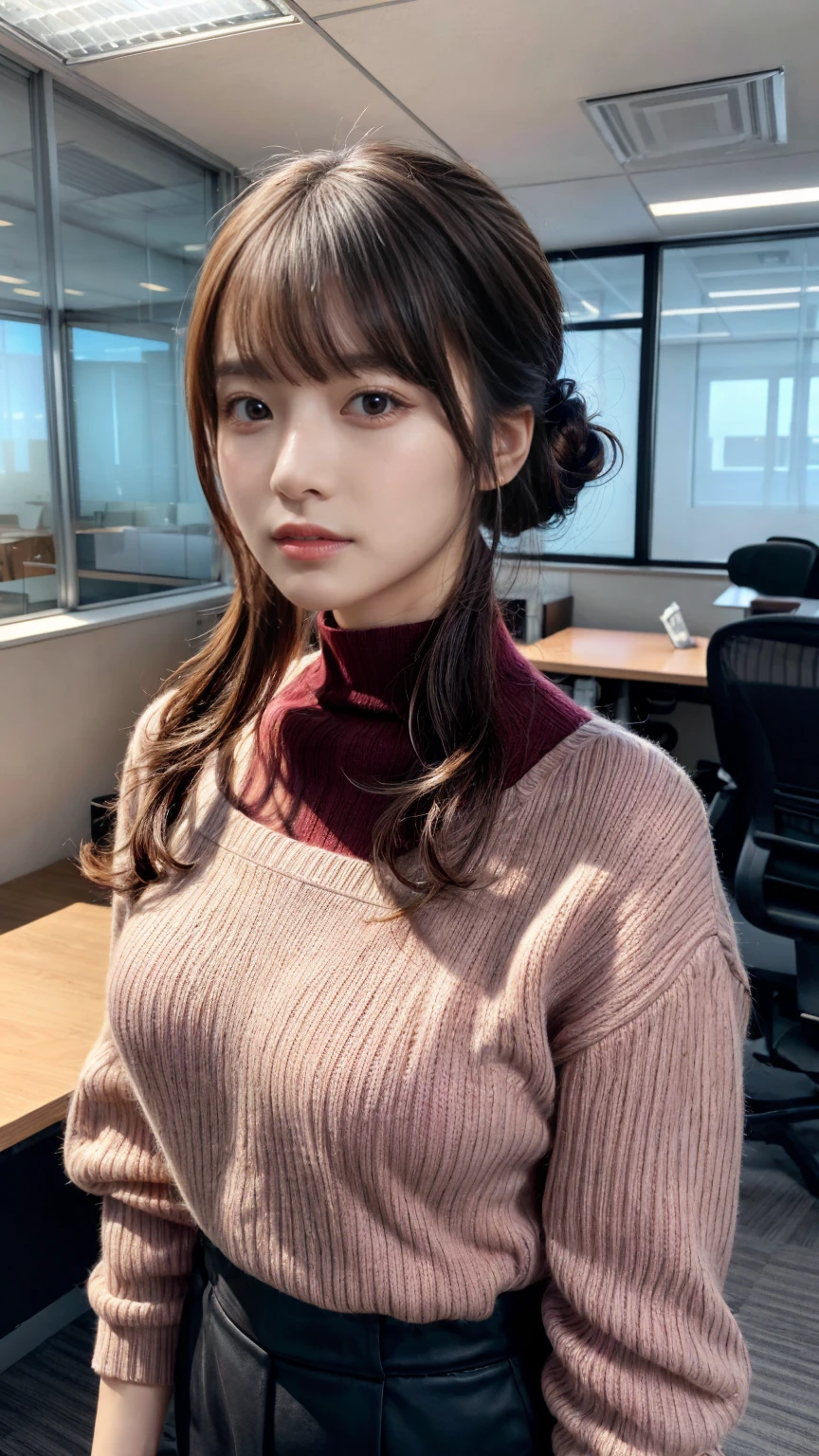 highest quality,Very detailed,finely,High resolution,8k wallpaper,Perfect dynamic composition,20 yo, Office Lady,whole body,Are standing,Pink knitwear,turtleneck,Shedding bangs,updo,finel beautiful eyes,Natural Lip