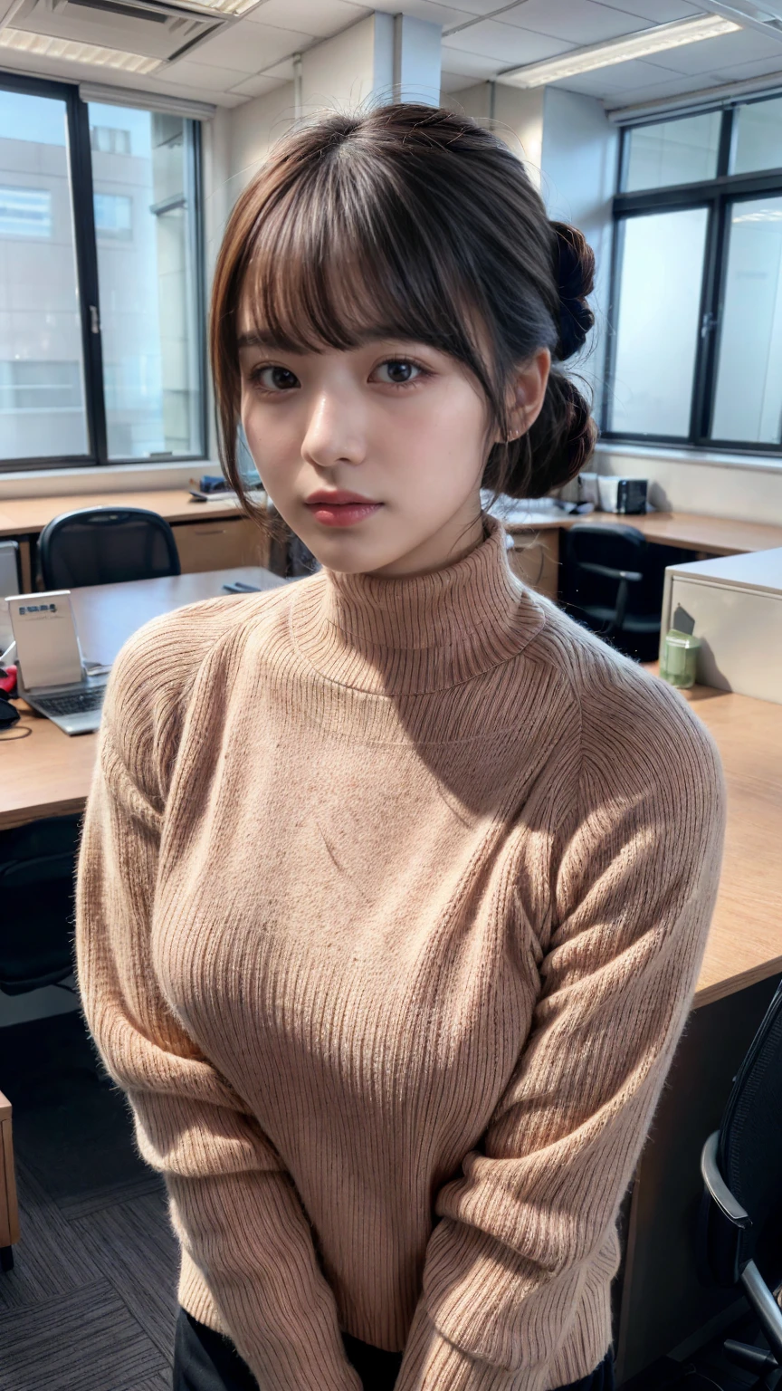 highest quality,Very detailed,finely,High resolution,8k wallpaper,Perfect dynamic composition,20 yo, Office Lady,whole body,Are standing,Pink knitwear,turtleneck,Shedding bangs,updo,finel beautiful eyes,Natural Lip