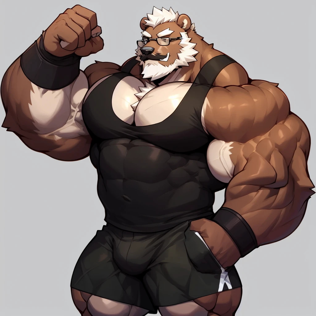 solo, 1boy, Huge Muscular Old Grizzly Bear wearing glasses, correct anatomy, steroid, pectoral, huge pectoral, wide pectoral, short white hair, black gym short pants, black wristbands and black black tank top , bearded, Mustache, simple background, masterpiece, high detailed, 8k, high resolution, at the gym, lifting heavyweights