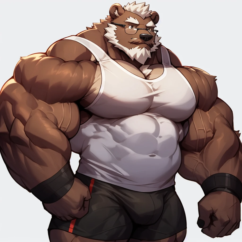 solo, 1boy, Huge Muscular Old Grizzly Bear wearing glasses, correct anatomy, steroid, pectoral, huge pectoral, wide pectoral, short white hair, black gym short pants, black wristbands and black black tank top , bearded, Mustache, simple background, masterpiece, high detailed, 8k, high resolution, at the gym, lifting heavyweights