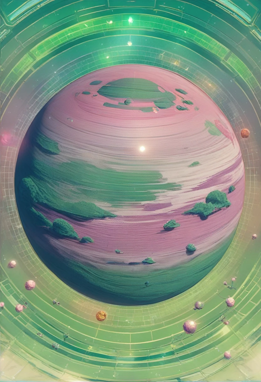 (((masterpiece))) (((best quality))) glass sphere, close-up of a planet with a bunch of trees on it, overgrown planet, green planet, fractal world, fantasy overgrown world, fantasy planet, Dyson sphere, pink planet, 3D render beeple, planetary landscape, round planet inspired by Jofra Bosschart, planet, futuristic world, psychedelic flower planets, ethereal world, (outgoing glow)