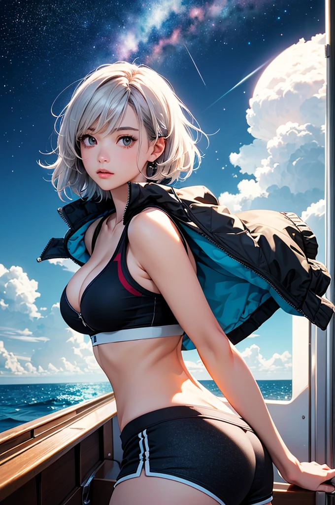 (masterpiece:1.5, Highest quality, Very detailed、 Dutch Angle、Realistic、2.5D、Realistic)(One Girl, Sports Girl)(Silver Hair:1.6,,short hair)(Sports Bra、Jacket:1.5、Shorts、tightedium breasts, Beautiful cleavage,underboob))(from backside),(Beautiful starry sky、Mystical Night、Particles of light float around the woman、Fantastic space、Ocean、On the boat)
