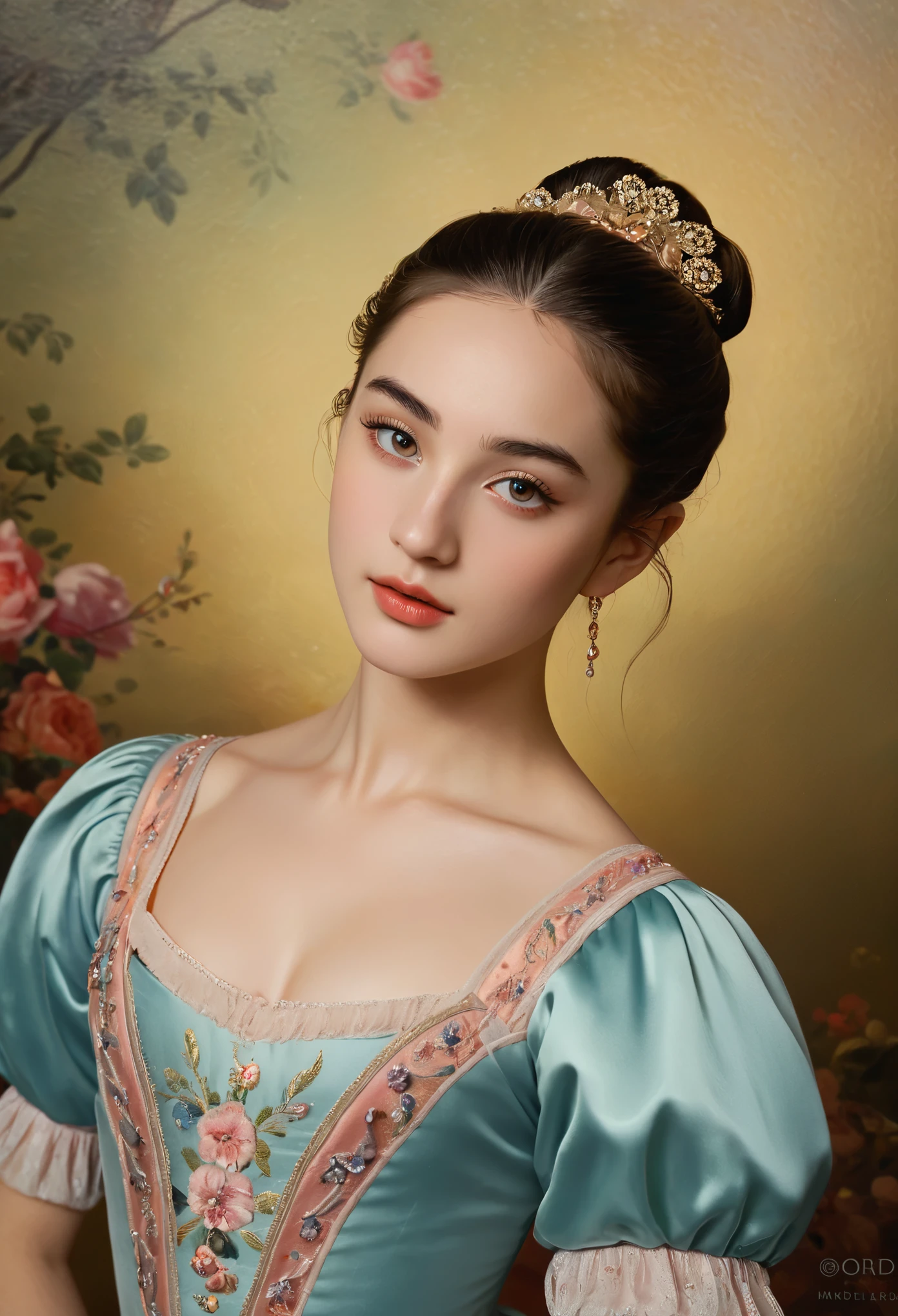 (highres,masterpiece:1.2),(realistic:1.37)"(best quality, highres, ultra-detailed, realistic),beautiful 19th-century portrait of a 16-year-old French ballet dancer, (She is half French and half Japanese, and is a stunning beauty with detailed eyes and a high nose:1.1), thick eyebrows, (elaborate ballet costume:1.4), detailed facial features, long graceful neck, flowing locks of hair, poised and elegant posture, soft and delicate lighting, classic oil painting medium, vibrant colors, subtle background with floral motifs", dreamy atmosphere, Surrealism,mystical aura, Charlie Bowater, 19th-century France, seductive, (best quality,4k,8k,highres,masterpiece:1.2), ultra-detailed, (realistic,photorealistic,photo-realistic:1.37),(Numerous award-winning masterpieces, incredibly detailed and textured, maximal resolution and clarity), (Hyper-realistic:1.4), winking