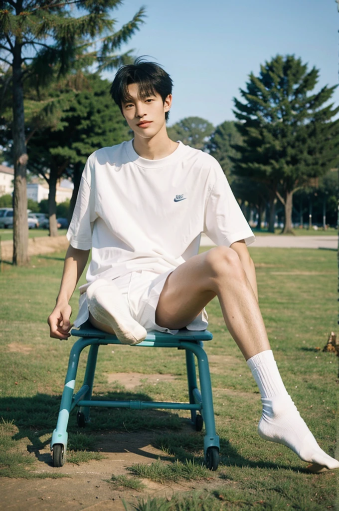 nansheng,1 boy,Solitary,Wearing white Nike socks,Socks and feet close-up,Male focus,sky空,outdoor,sky,Practical,,Grass,Whole body, show abs, wear white thong panties,(The best shadow),Wheels within wheels, bright, Lens distortion correction,(The best shadow),Wheels within wheels, bright, Lens distortion correction