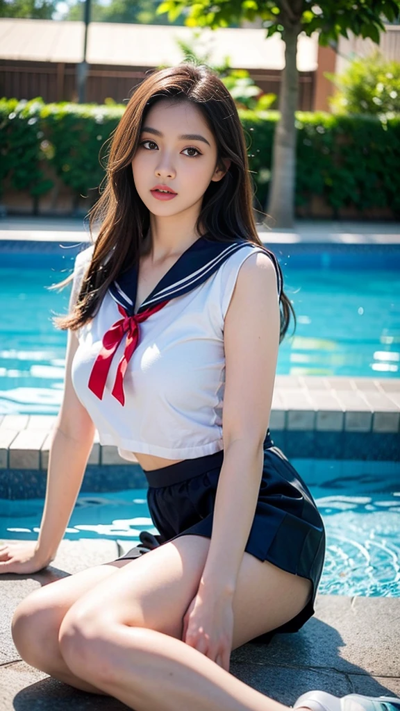 (Best quality, 4k,8k, Masterpiece :1.2), super detail, (realistic, realistic, realistic :1.37), mature woman, beautiful thin eyes, beautiful thin lips, extremely delicate eyes and face, long eyelash, curvy figure, sailor's uniform, sailor's skirt, clothes wrapped around her whole body, full, round and seductive large chest, Long legs, lying by the pool, graceful posture, swimming pool