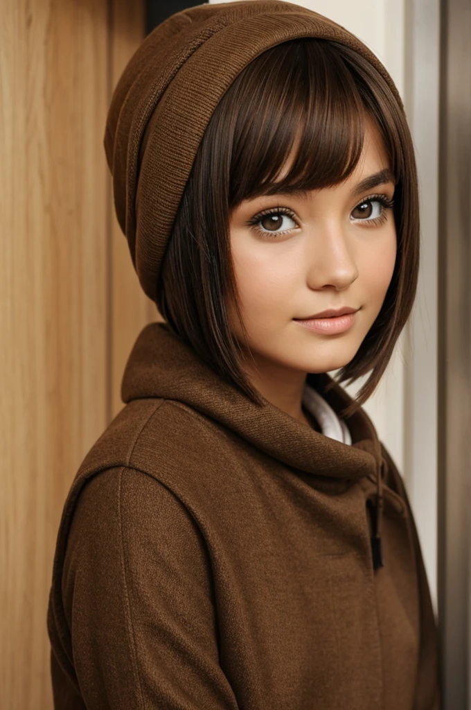 Beany girl. brown short hair. 