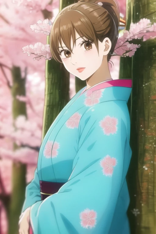 masterpiece, best quality, ultra-detailed, 1girl, solo, looking front at viewer, chihaya_ayase, brown hair, brown eyes, ponytail , upper body, in park cherry blossom trees, crop top , glossy red lipstick, good looking belly