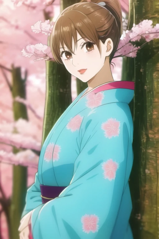 masterpiece, best quality, ultra-detailed, 1girl, solo, looking front at viewer, chihaya_ayase, brown hair, brown eyes, ponytail , upper body, in park cherry blossom trees, crop top , glossy red lipstick, good looking belly