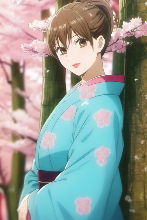 masterpiece, best quality, ultra-detailed, 1girl, solo, looking front at viewer, chihaya_ayase, brown hair, brown eyes, ponytail , upper body, in park cherry blossom trees, crop top , glossy red lipstick, good looking belly