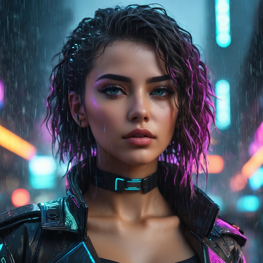 (masterpiece, best quality:1.2), cyberpunk, 1 girl, solo, ultra-detailed, UHD, 8k wallpaper, octane render, beautiful detailed eyes, beautiful detailed lips, extremely detailed face and hair, intricate futuristic cyberpunk city, holographic displays, neon lighting, rain, moody atmosphere, dramatic lighting, cinematic, photorealistic