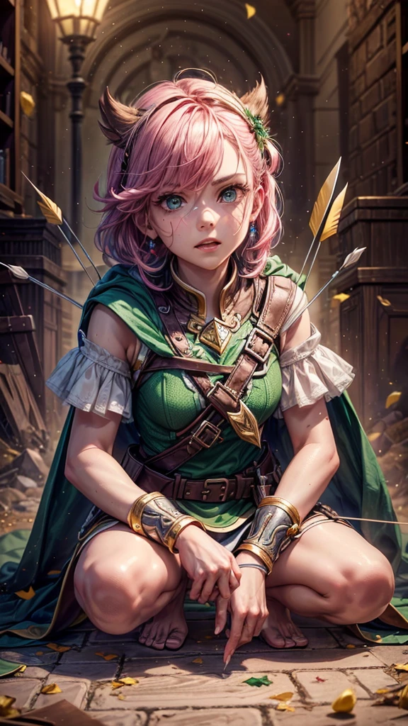 a girl with pink hair in bangs, square cut, determined facial expression, big blue eyes, arrow holder on her back, wearing a green short sleeveless dress, green cape, bare feet, big leather belt, arrows on the ground, bow pose on the floor, sitting on the floor, looking at the camera, highly realistic, Clash Royale character, best quality, best lighting, dynamic point of view