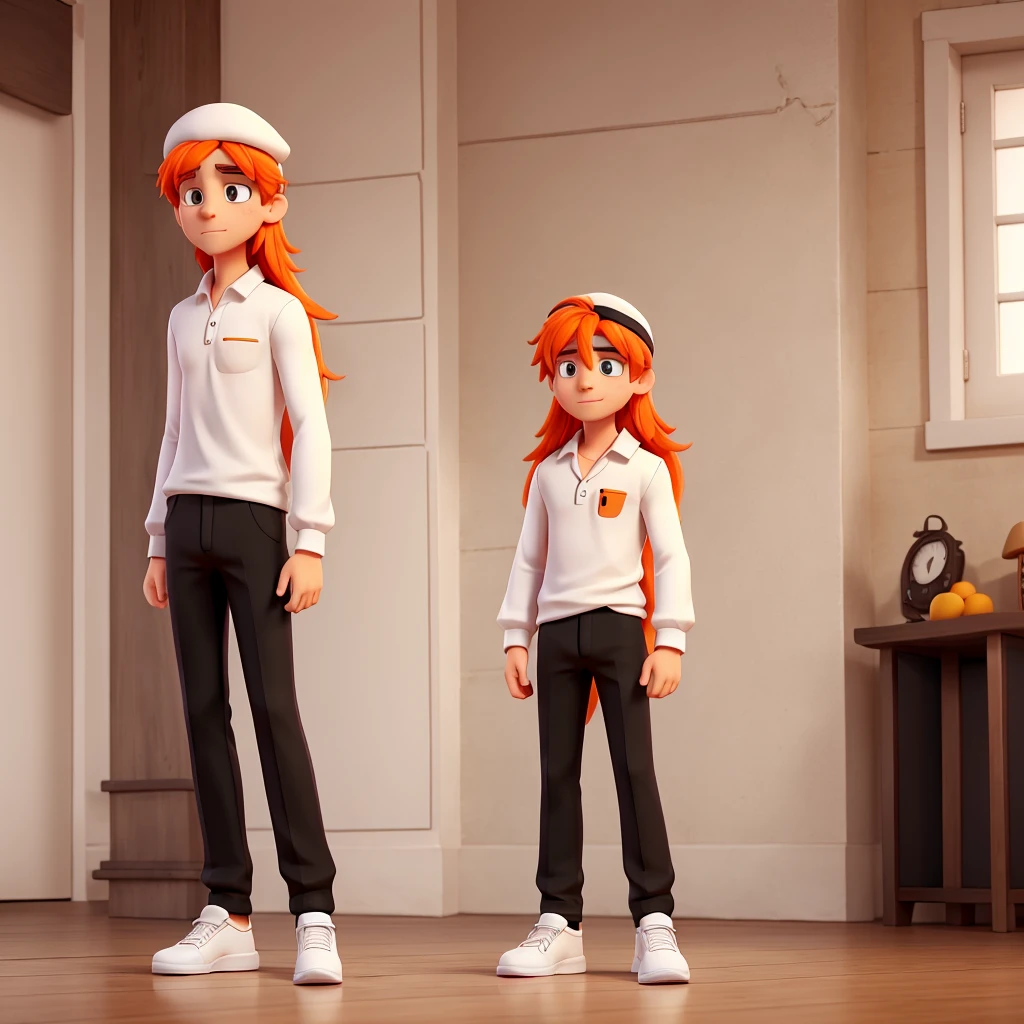 male character, White cap with long hair,white mascara, orange blouse with long sleeves, black pants,black sneakers(male character