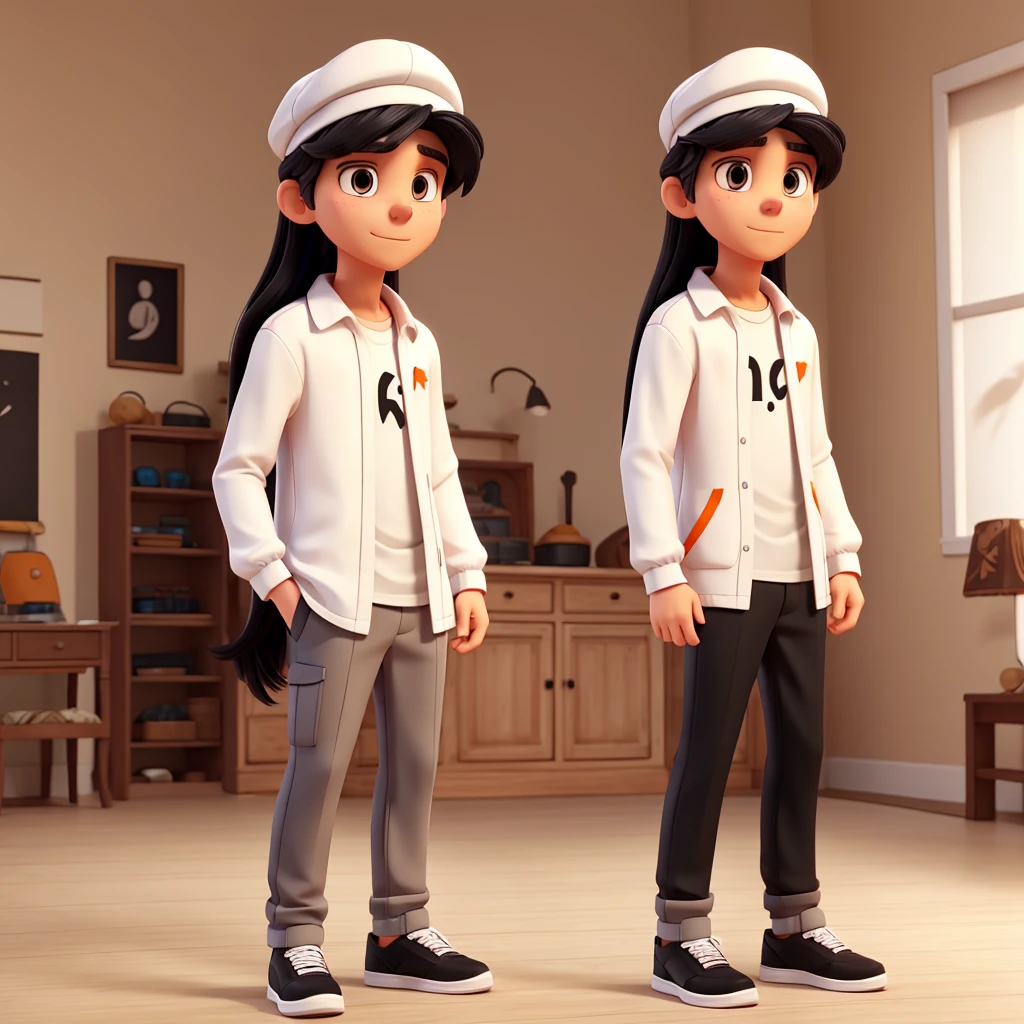  male character, White cap with long hair,white mascara, orange blouse with long sleeves, black pants,black sneakers(male character 