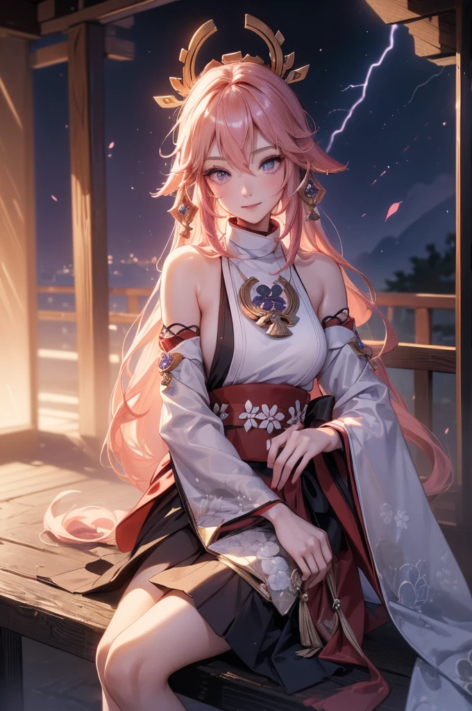 ((yaemikodef)):1.5, ((masterpiece,Highest quality,Highly detailed images,Beautiful images)), (Image of yaemiko smiling in front of lightning、Overall dim lighting、Backlight、Fantastic dark atmosphere、Thick Fog、Dust flutters),(yaemiko is sitting.)1.2, sideboob