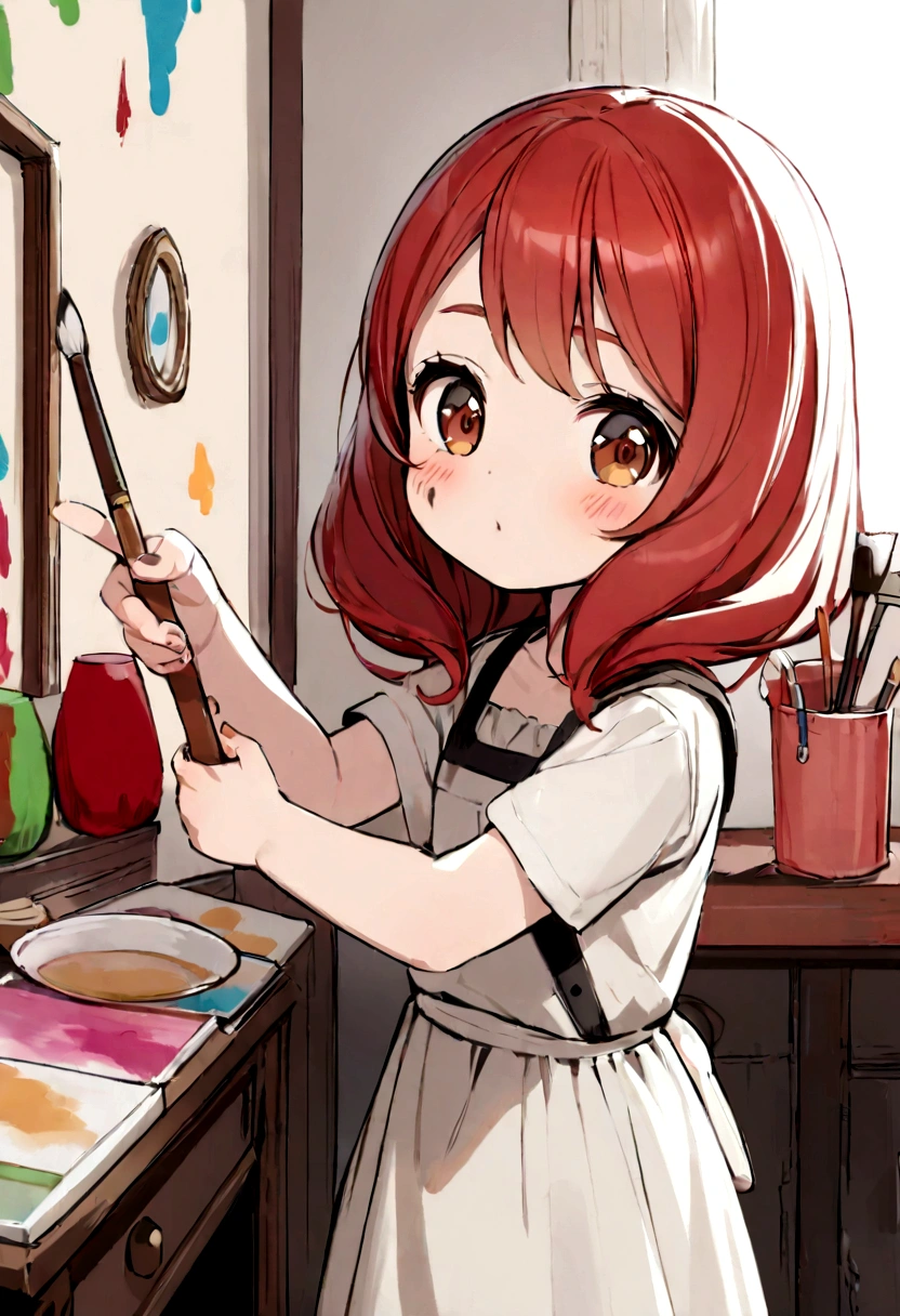Create a cute little 8 year old , she is redheaded and has brown eyes, she is a painter and is a little dirty with paint. She is painting in her room with the brush in her hand