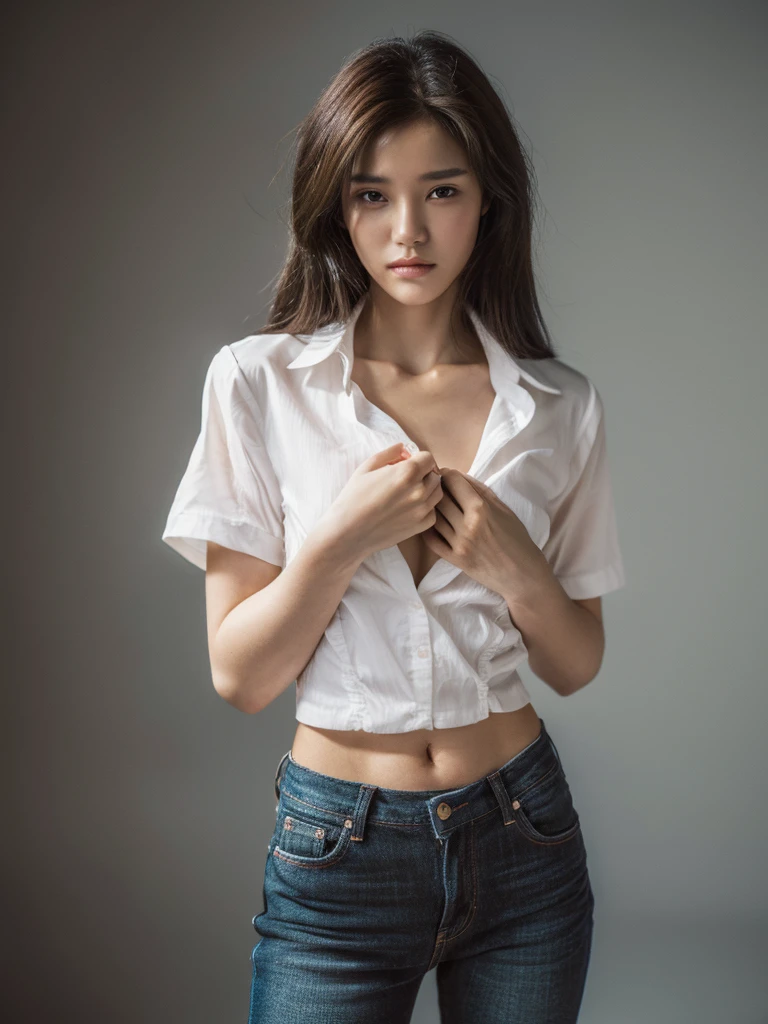 ((Highest quality, 8K, masterpiece :1.3)), Sharp focus :1.2, Beautiful woman with perfect figure :1.4, 1 Girl,Slim Abs :1.2, ((Dark brown hair,chest :1.2)), (White long formal shirt)(Unbutton your shirt.), Gray background:1.2, Highly detailed face and skin texture, fine grain, double eyelid,Beautiful Hands，Five Fingers,Fashion model posing,Full body portrait,Cowboy Shot,jeans,Cast a Shadow,