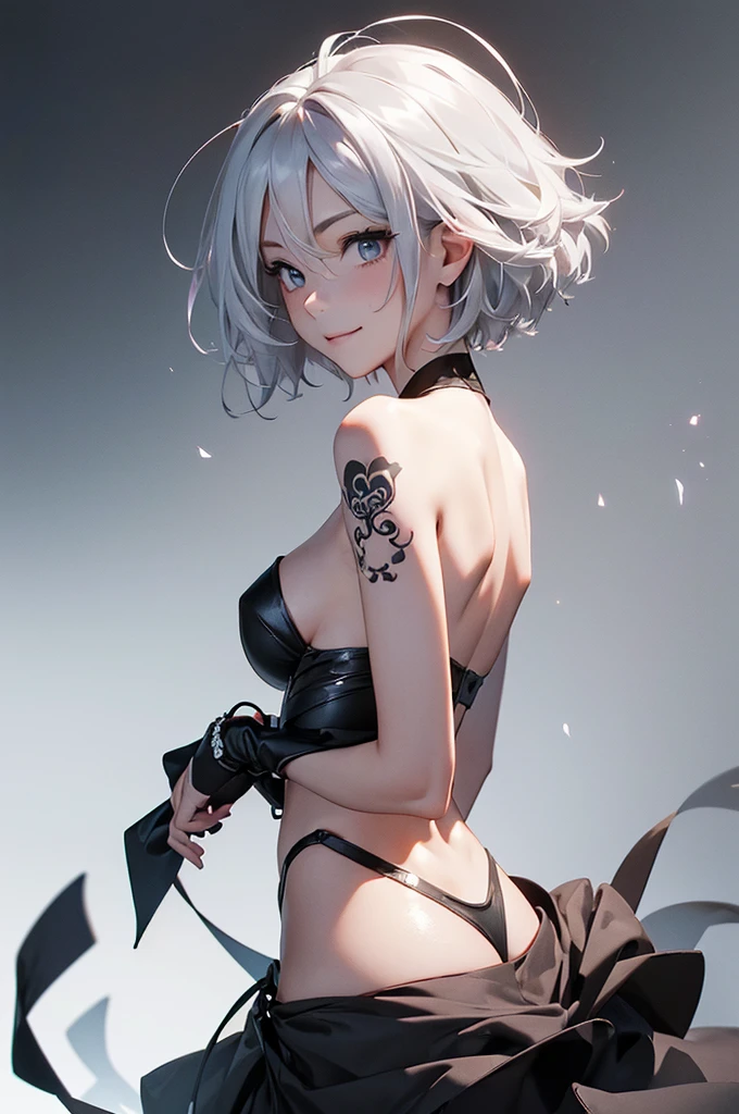 Avant-garde art(Image from chest up:1.4)((masterpiece:1.5,Highest quality,Beautiful images、Realistic、3d、Artistic))(1girl, 独奏)(medium breasts, Silver Hair、short hair、Beautiful cleavage、sideboob、Exposing shoulders、Tattoo on shoulder)(Profile portrait,Gaze sideways、Gaze diagonally、Shake your head、Smile, floating hair)(Monotone Abstract Background)((from backside:1.3))((Monotone costumes))
