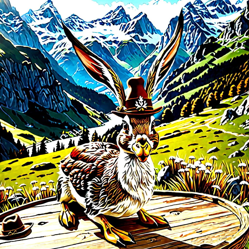 A detailed, hyperrealistic 4K of a Bavarian Wilpertinger from a duck, a rabbit, and a deer, with a Tyrolean hat, with sharp edges, in a mountainous landscape in the background