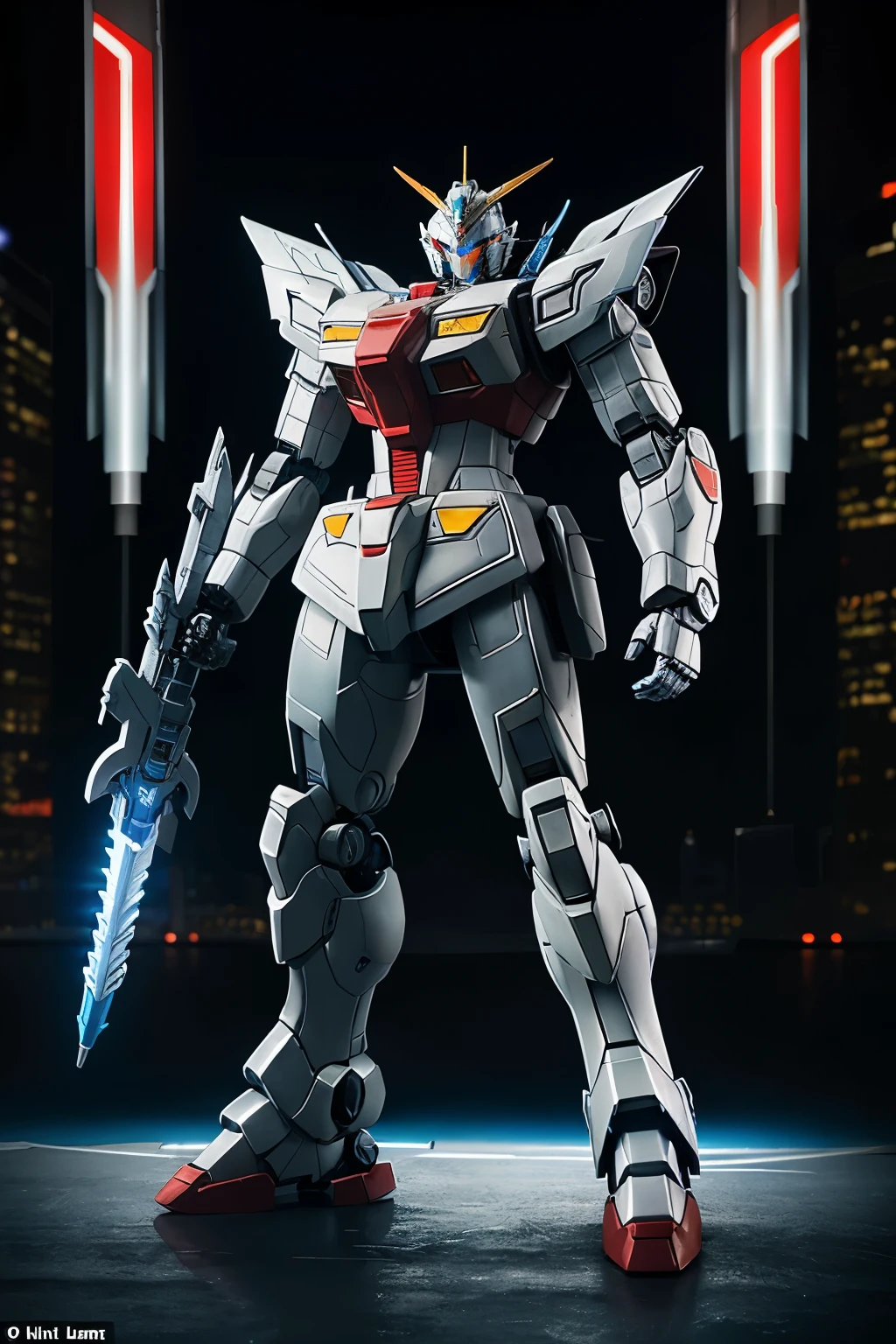 highly detailed 3D model of a futuristic Gundam robot, standing in a dynamic pose with metallic armor plates, glowing blue eyes, and intricate mechanical joints. The robot is armed with a large energy sword and a shield, set against a backdrop of a futuristic cityscape at dusk with neon lights and flying vehicles, ((detailed shapes))