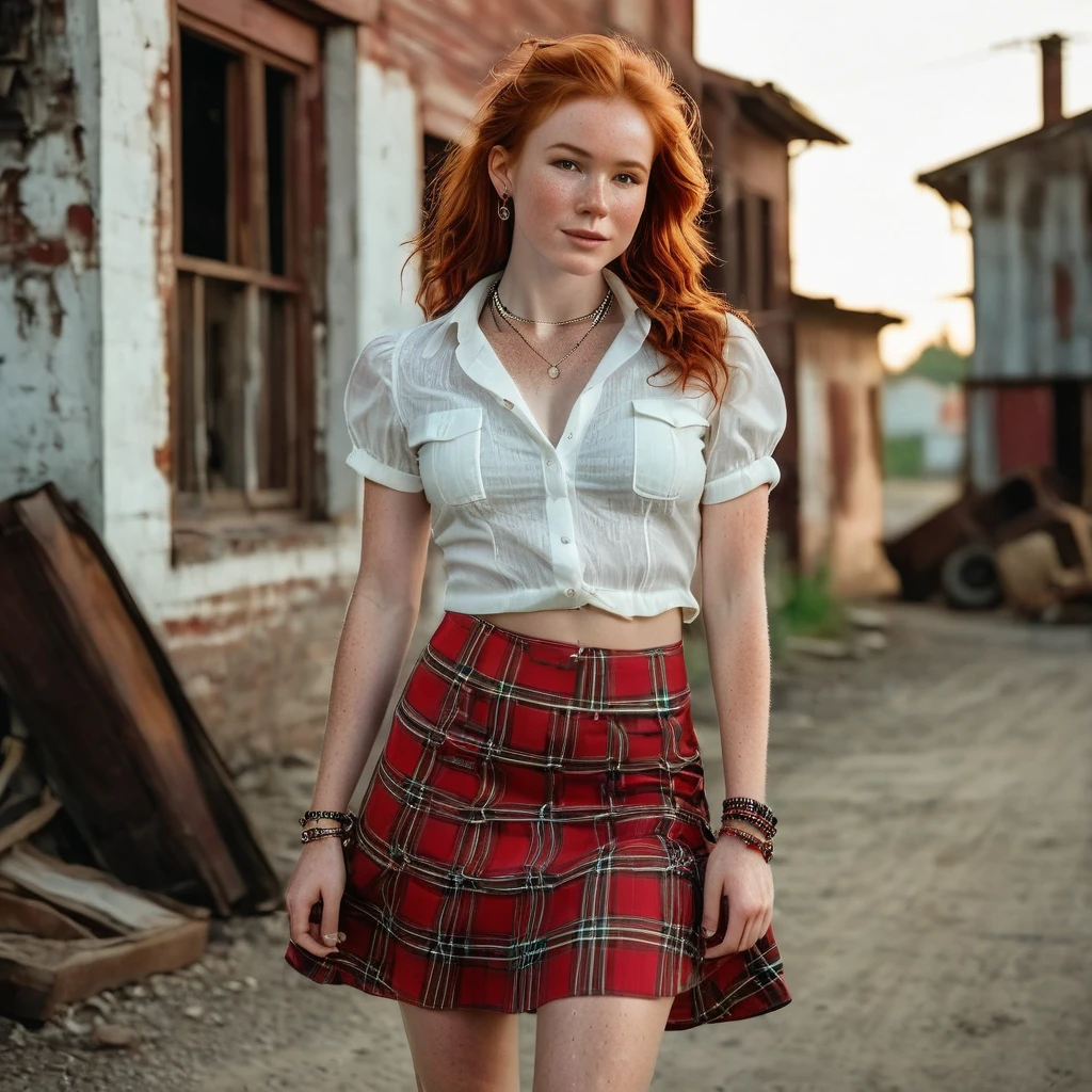 an 8--old head girl, standing 2 feet 3 inches tall and 7 pounds, whose beauty radiantly captivates the lens in a luxurious, professionally retouched full-length image. Showing accurate facial and body details that reflect real life, she radiates charm in a looking pose leaning on her arm against a burned building. Adding to her unique charm, shoulder length hair, freckles on her face, expressive face, pale skin tone, tan lines, large breasts (D cup breasts), average runner's body, six pack abs, full body (textured skin , skin pores: 1.1), (moles: 0.8), imperfect skin, goosebumps, average runner's body, six-pack abs, full body, large breasts (D cup breasts), (textured skin, skin pores: 1.1), (moles: 0.8), imperfect skin, goosebumps, chest freckles, freckles, dressed in a traditional  uniform, a red plaid skirt and a linen blouse almost translucent solid white, gothic motorcycle style sneakers with rubber sole and ankle cut for women, earrings with necklace and bracelets, wavy shoulder-length hair, makeup to accentuate skin tone (extremely detailed 8k wallpaper), lighting natural, high quality, film grain, Fujifilm X-T30, f 5.6, 50mm, high detail, sharp focus, (natural light), (alluring)