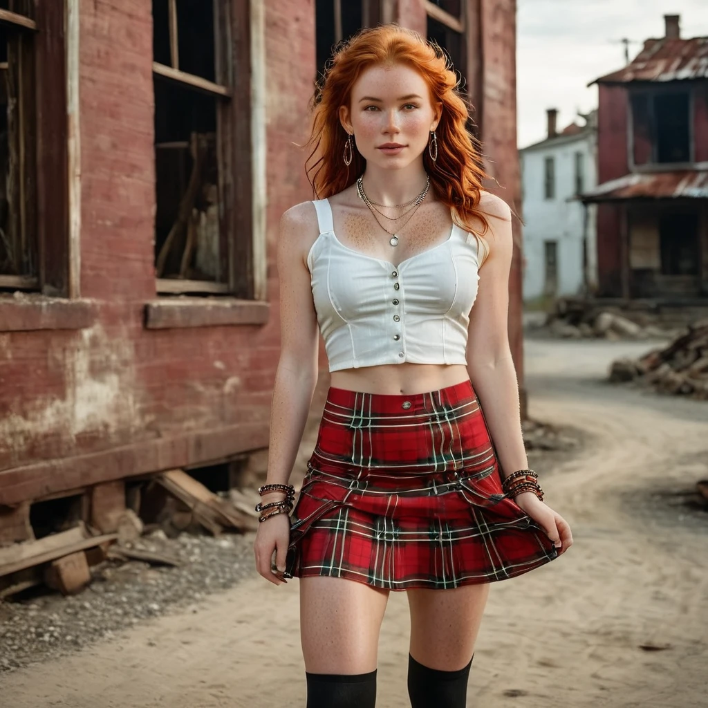 a 25-year-old ginger woman 5ft 6inch tall and 138lbs, whose beauty radiantly captivates the lens in a highly upscale and professionally retouched full-length image. Showcasing accurate facial and body details reflective of real-life, she exudes allure in a glancing pose leaning on arm against burned out building. Adding to her unique charm, shoulder length hair, freckles on face, expressive face, pale skin tone, tan lines, large breasts (D-cup breasts) average runners body, four pack abs, full body, (textured skin, skin pores:1.1), (moles:0.8), imperfect skin, goosebumps, average runners body, four pack abs, full body, large breasts (D-cup breasts), (textured skin, skin pores:1.1), (moles:0.8), imperfect skin, goosebumps, freckles on chest, freckles, Clad in traditional school girl uniform red plaid skirt and solid white linen top nearly translucent, Gothic Women's style Ankle Cut Rubber Sole Moto Sneakers, earrings with necklace and bracelets, shoulder length wavy hair, makeup to accent the skin tone (extremely detailed 8k wallpaper), natural lighting, high quality, film grain, Fujifilm X-T30, f 5.6, 50mm, High Detail, Sharp focus, (natural light), (seductive)