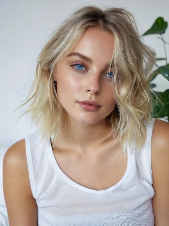 Un superbe portrait d’une jeune beauté allemande, aux yeux bleus perçants, petits seins et longs cheveux blonds flottants, un long pantalon noir et un t-shirt blanc , assis dans le canapé, la lumière naturelle met en valeur les traits du visage, les ombres douces sur les contours du visage, le contraste vibrant entre les tons chair chauds et les teintes froides de l'arrière-plan, la composition ultra légère, le nombre d'or, L'éclairage dramatique.