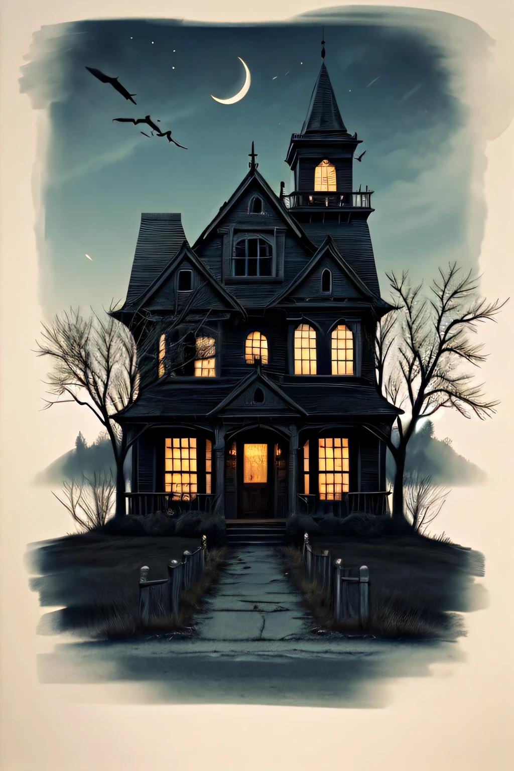 Create a portrait from scratch of a haunted house scene which has house, animals, trees and sky