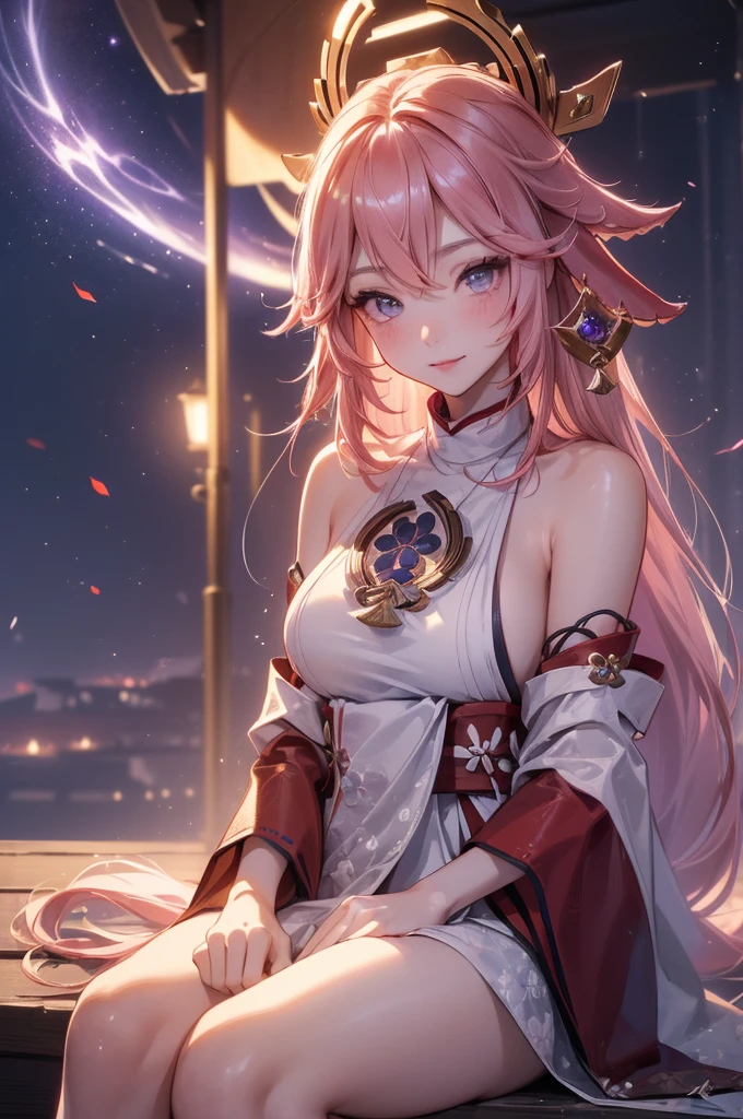 ((yaemikodef)):1.5, ((masterpiece,Highest quality,Highly detailed images,Beautiful images)), (Image of yaemiko smiling in front of lightning、Overall dim lighting、Backlight、Fantastic dark atmosphere、Thick Fog、Dust flutters),(yaemiko is sitting.)1.2, sideboob