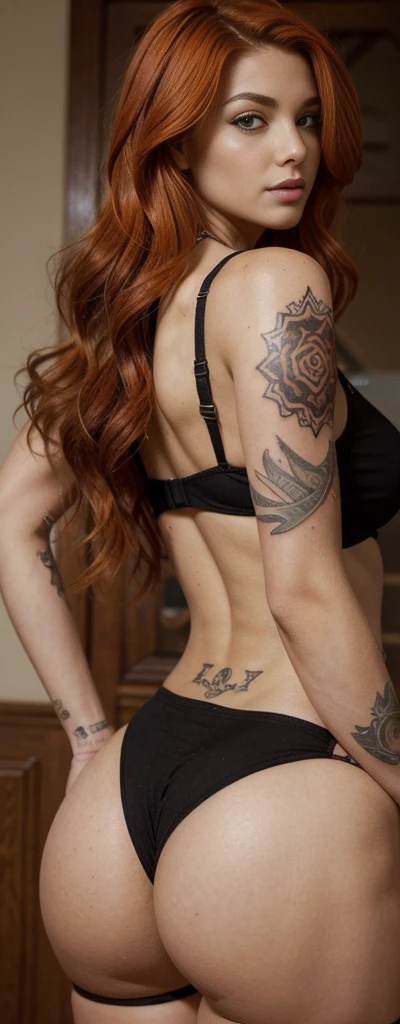 tattoo's, no good, hair orange, seductive sexy face, big buttocks, Bend, kissing, showing big buttocks, Looking back, Grabbing the buttocks, exciting buttocks