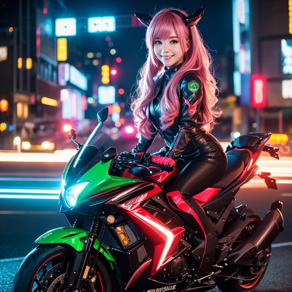 top-quality、8K、hight resolution、masterpiece、(portlate:0.6)、Kawasaki bikes ride at high speed around the city、(slow motion:1.3)、(Motion Blur:1.3)、(SPEEDLINE:1.4)、Sense of speed、1girl in、Sparks and smoke coming out of tires、Pink hair、Middle hair、(A smile:1.3)、(Look at viewers:1.3)、(bokeh dof)、18year old、cute face、Red Metallic,nighttime scene,neon color,Red Neon,Blue Neon,Green Neon,Flowing Neon,Detailed mech