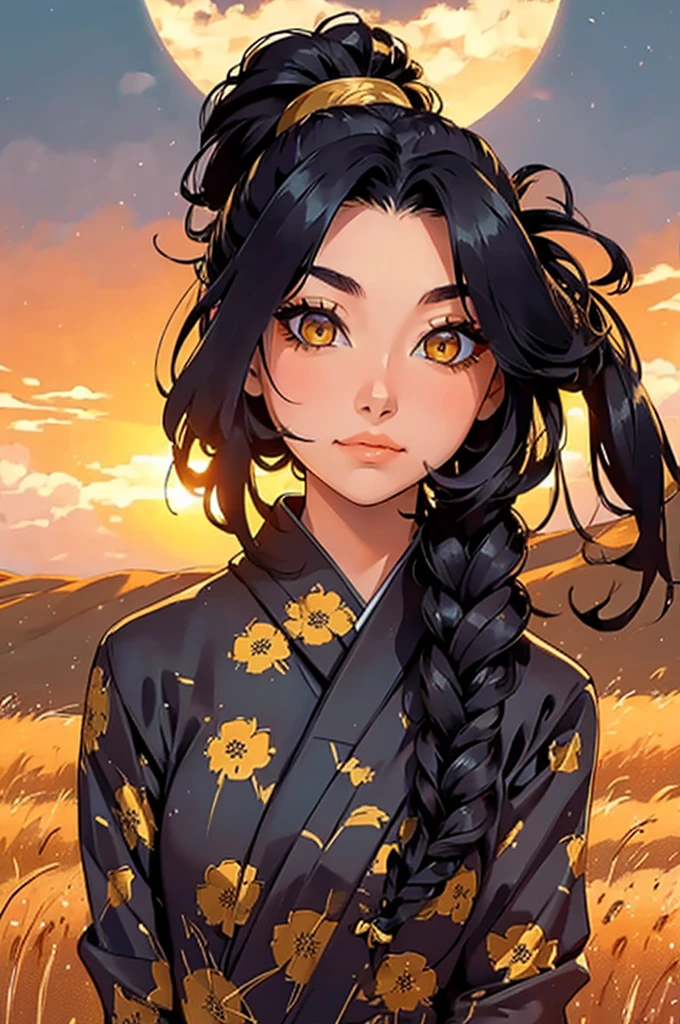 A girl in a kimono with a blank look stands waist-deep in a field of wheat, a black kimono with gold edges, her hair is tied in a ponytail, yellow eyes, the sunset is reflected in her eyes, the light falls on her face, half-sideways to the camera